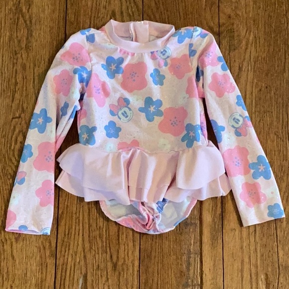 Disney Minnie Mouse pink sparkly floral long sleeve ruffled one piece swimsuit - Picture 1 of 16